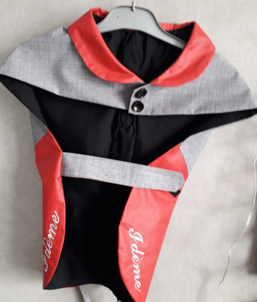 Manteau rouge et gris pour chien, personnalisable et imperméable fait sur mesure et fait main